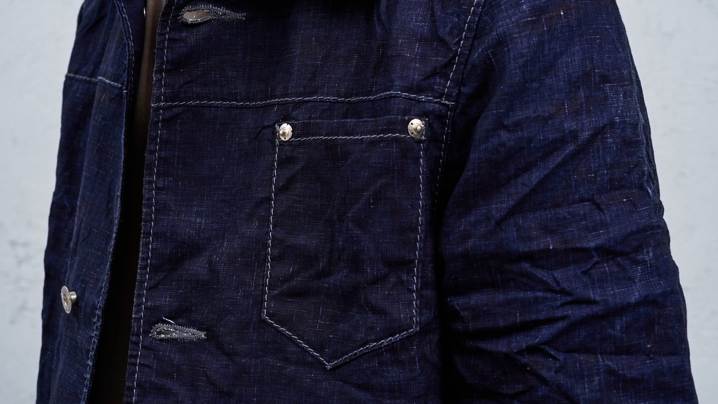 <span>27.1</span><span>"DISPLACEMENT"</span>JEAN JACKET<br>PRINTED LINEN LIGHT<br>INDIGO